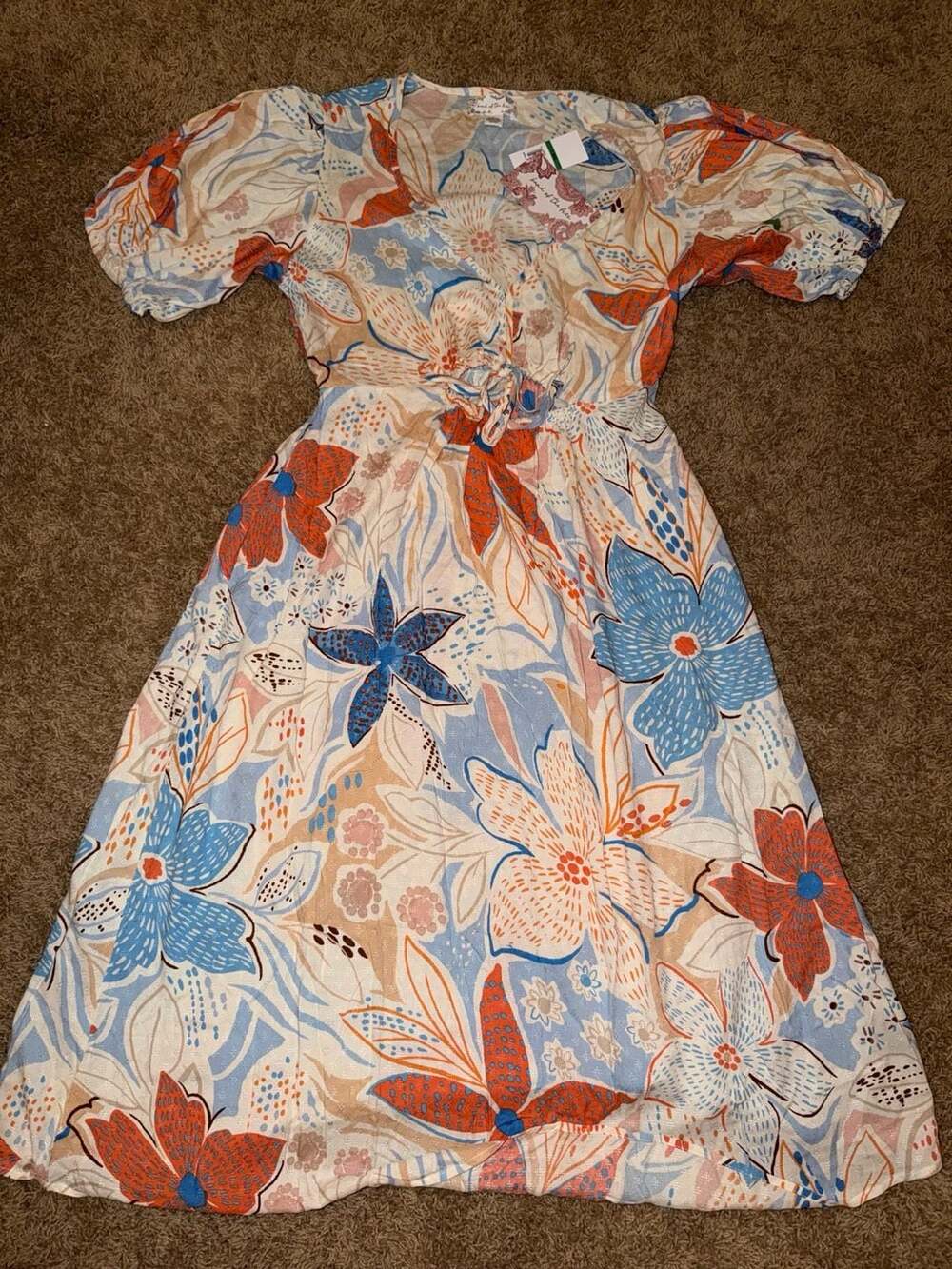 Band of the Free Floral Abstract Puff Sleeve V-Neck Midi Dress Size L